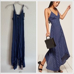 Reformation Savanah Blue Black Stripe Asymmetrical Hem V Neck Maxi Dress 6